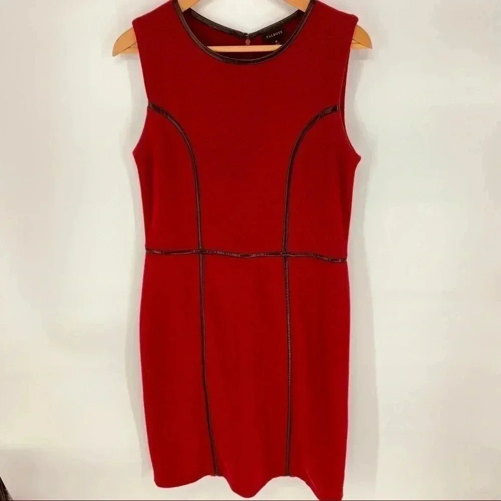 Talbots faux leather trim knit sheath dress